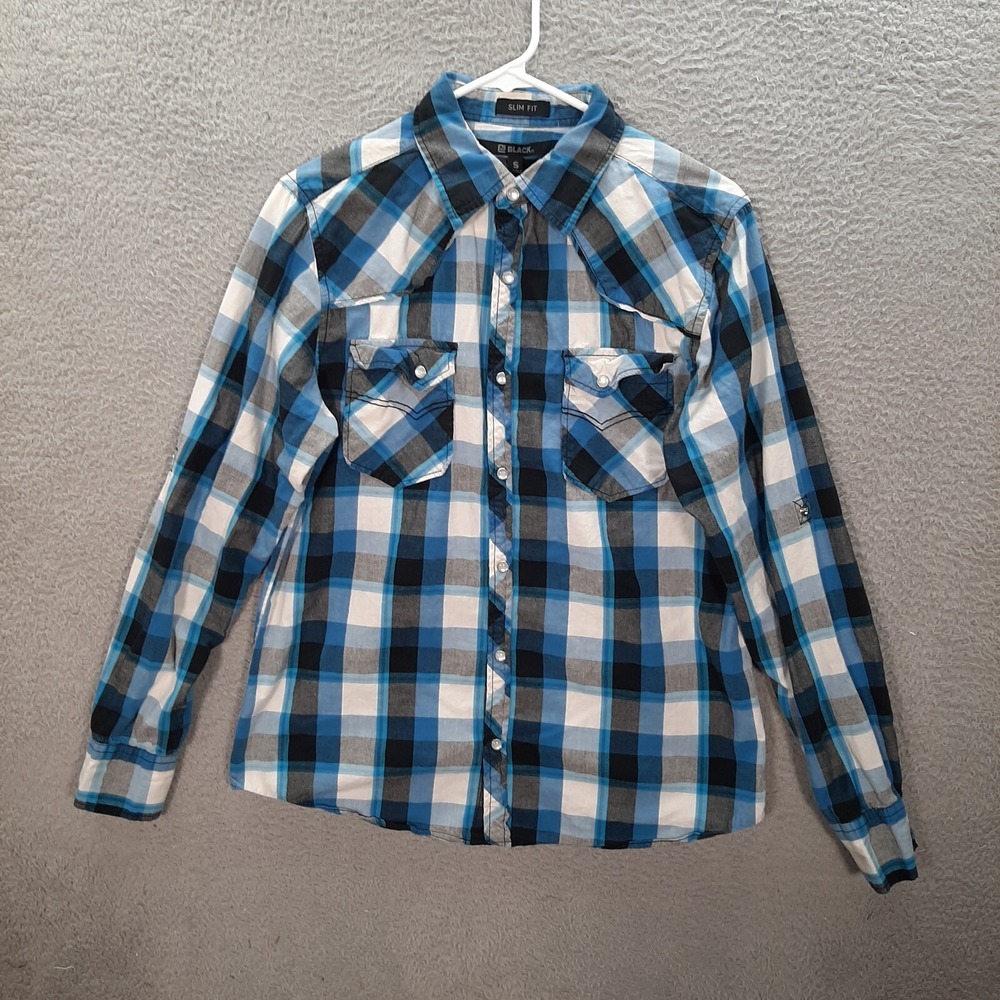 Buckle Black Shirt Adult Small Blue Black White Plaid Pearl Snap Western Rodeo